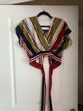 Ups & Downs Multicolor Striped Wrap Crop‎ Top - Olive, Navy & Rust